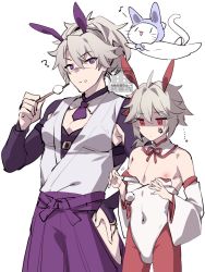 Rule 34 | ..., 2boys, ?, alternate costume, anger vein, animal ears, azuma (azuma10270724), cat, covered navel, crossdressing, detached sleeves, eating, elbow gloves, fake animal ears, fingerless gloves, food, food on face, genshin impact, gloves, grey hair, hakama, hand on own hip, hip vent, holding, holding food, japanese clothes, kaedehara kazuha, kazuha&#039;s friend (genshin impact), leotard, male focus, multicolored hair, multiple boys, musical note, pantyhose, playboy bunny, ponytail, purple gloves, purple hakama, rabbit ears, red eyes, red hair, red legwear, scar, scar on face, shaded face, simple background, streaked hair, watermark, white background, white cat, white leotard