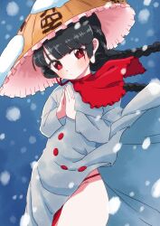 Rule 34 | 1girl, absurdres, ajirogasa, black hair, braid, buttons, capelet, commentary, dress, frilled hat, frills, grey dress, hat, highres, islandz, jizou, long earlobes, long sleeves, looking at viewer, own hands together, palms together, panties, red capelet, red eyes, red panties, snow, snow on headwear, touhou, twin braids, underwear, yatadera narumi