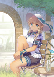 Rule 34 | 1girl, :o, arch, armband, bare legs, black shorts, blonde hair, blue bow, blue eyes, blue flower, blue ribbon, blush, bow, breasts, brick, buckle, choker, collarbone, criss-cross halter, elf, eyelashes, flower, grass, halterneck, hat, hat bow, impossible clothes, impossible shirt, kibamigohann, leg up, looking at viewer, medium breasts, nose blush, original, outdoors, parted lips, plant, pointy ears, ribbon, shirt, short sleeves, shorts, sitting, sleeve cuffs, solo focus, sun hat, vase, white hat, white shirt