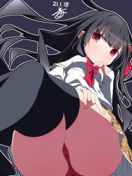 Rule 34 | ass, black hair, black thighhighs, blunt bangs, brown skirt, character request, commentary request, dated, frown, hair ribbon, highres, long hair, looking at viewer, magia record: mahou shoujo madoka magica gaiden, mahou shoujo madoka magica, nekokan-nekokan, outline, panties, pantyshot, plaid, plaid skirt, pleated skirt, red eyes, red neckwear, red panties, ribbon, shirt, signature, simple background, skirt, solo, thick thighs, thighhighs, thighs, underwear, white shirt