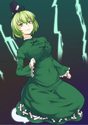 Rule 34 | 1girl, black background, black hat, breasts, closed mouth, commentary, covered navel, cross-laced clothes, dress, full body, ghost tail, gradient background, green dress, green eyes, green hair, hat, highres, juliet sleeves, kakone, large breasts, lightning, long sleeves, looking at viewer, puffy sleeves, short hair, sitting, smile, soga no tojiko, solo, tate eboshi, touhou