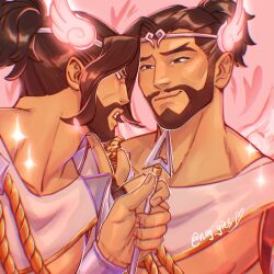 Rule 34 | 2boys, arrow (projectile), asian, bara, beard, black hair, bow (weapon), brown hair, clone, cupid hanzo, dark-skinned male, dark skin, facial hair, forked eyebrows, glowing, hanzo (overwatch), highres, holding, holding arrow, male focus, multiple boys, nipples, nuggies (nug gies), official alternate costume, overwatch, pointing weapon, revealing clothes, short hair, smug, thick eyebrows, tiara, underpec, upper body, valentine, weapon