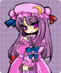 Rule 34 | 1girl, :o, blush, book, bow, chibi, crescent, dress, embarrassed, female focus, flat chest, frills, hair bow, hat, lolita fashion, long hair, looking at viewer, lowres, mame., multiple hair bows, open mouth, patchouli knowledge, purple eyes, purple hair, solo, striped, touhou