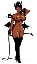 Rule 34 | boots, breasts, dark skin, demon tail, dominatrix, horns, large breasts, latex, looking at viewer, pussy, red eyes, simple background, solo, tail, whip, wings