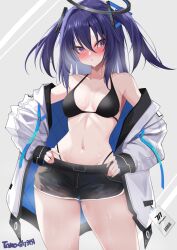 Rule 34 | 1girl, alternate costume, armpits, belt, bikini, black bikini, black shorts, blue archive, blush, breasts, cleavage, coat, collarbone, commentary request, dripping, groin, hair between eyes, halo, hands on own hips, head tilt, highres, hot, ineedu041 tako, long hair, long sleeves, looking at viewer, medium breasts, navel, open clothes, open coat, purple eyes, purple hair, short shorts, shorts, sidelocks, simple background, solo, spaghetti strap, stomach, sweat, swimsuit, triangle hair ornament, two side up, white coat, yuuka (blue archive)