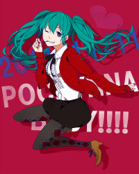 Rule 34 | 1girl, argyle, argyle clothes, argyle legwear, bad id, bad pixiv id, food, green eyes, green hair, grin, hatsune miku, matching hair/eyes, mouth hold, one eye closed, pantyhose, pocky, shuka (55810), smile, solo, sweater, twintails, vocaloid, wink