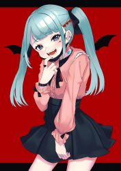 Rule 34 | 1girl, aqua hair, bandaid, bat wings, black ribbon, black skirt, blue eyes, commentary, fangs, hatsune miku, highres, long hair, long sleeves, looking at viewer, mask, unworn mask, mouth mask, open mouth, piku 39, pink shirt, red background, ribbon, shirt, skirt, smile, solo, twintails, vampire, vampire (vocaloid), vocaloid, wings