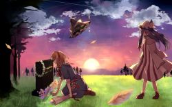 Rule 34 | 2girls, alice margatroid, cloud, female focus, flower, full body, grave, hat, kimino tomonari, kneeling, multiple girls, outdoors, patchouli knowledge, plant, sky, standing, sunset, touhou, tree, witch hat