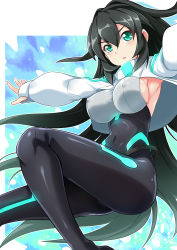 Rule 34 | 1girl, aqua eyes, armpits, black bodysuit, black hair, bodysuit, breasts, bunji, covered erect nipples, covered navel, gundam, gundam build divers, gundam build divers re:rise, highres, impossible bodysuit, impossible clothes, large breasts, long hair, long sleeves, looking at viewer, may (gundam build divers re:rise), open mouth, outstretched arms, shiny clothes, shiny skin, shrug (clothing), skin tight, solo