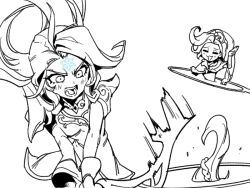 Rule 34 | 2girls, :d, arm up, attack, blush, capelet, commentary, diana (league of legends), english commentary, facial mark, forehead mark, greyscale, league of legends, long hair, long sleeves, monochrome, multiple girls, open mouth, phantom ix row, portal (object), smile, snowflakes, teeth, winterblessed diana, winterblessed zoe, zoe (league of legends)