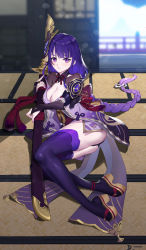 Rule 34 | absurdres, architecture, armor, braid, breasts, bridal gauntlets, cleavage, east asian architecture, genshin impact, highres, huge weapon, japanese clothes, katana, kimono, large breasts, linreplica, long hair, looking at viewer, low-braided long hair, low-tied long hair, okobo, platform footwear, purple eyes, purple hair, purple kimono, purple thighhighs, raiden shogun, sandals, scabbard, sheath, sheathed, shoulder armor, sword, tassel, thighhighs, thighs, very long hair, weapon
