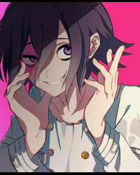 Rule 34 | 1boy, absurdres, black hair, blood, blood on face, buttons, checkered background, collarbone, commentary request, danganronpa (series), danganronpa v3: killing harmony, double-breasted, fang, grey jacket, grin, hair between eyes, hands up, highres, jacket, long sleeves, looking at viewer, male focus, nyu (bbpp08), oma kokichi, pink background, pink blood, pink eyes, portrait, smile, solo, teeth
