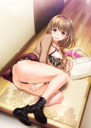 Rule 34 | 1girl, ass, bag, between legs, blush, boots, bra, breasts, brown hair, clothes lift, dildo, embarrassed, eyebrows hidden by hair, female focus, from above, full body, hand between legs, handbag, highres, indoors, large breasts, legs, looking at viewer, lying, medium hair, nakajima yuka, nipples, on side, one breast out, open mouth, original, panties, pantyshot, pink eyes, pussy juice, see-through, sex toy, skirt, skirt lift, solo, thighs, underwear, wet, wooden floor