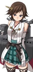 Rule 34 | 10s, 1girl, arms behind back, blue eyes, brown hair, detached sleeves, hair ornament, hiei (kancolle), japanese clothes, kantai collection, machinery, minarai zouhyou, no legwear, nontraditional miko, ribbon-trimmed sleeves, ribbon trim, short hair, solo, thighhighs, turret