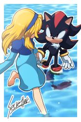 1boy 1girl barefoot black_fur blonde_hair blue_dress blue_hairband border closed_mouth dress furry furry_male gloves hairband highres holding_hands long_hair long_sleeves looking_at_another maria_robotnik outline outside_border red_eyes secretter shadow_the_hedgehog signature smile sonic_(series) sonic_generations sonic_x_shadow_generations wading white_border white_gloves white_outline