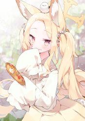 Rule 34 | 1girl, absurdres, alternate hairstyle, animal, animal ears, animal on head, bird, bird on head, blonde hair, blue archive, blush, bread, closed mouth, eating, food, fox ears, fox tail, halo, highres, holding, holding food, long hair, meunhongcha, on head, seia (blue archive), shirt, skirt, sleeves past fingers, sleeves past wrists, solo, sparkle, tail, two side up, white bird, white shirt, yellow eyes, yellow halo, yellow skirt