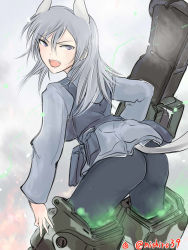 Rule 34 | 1girl, :d, animal ears, ass, aurora e. juutilainen, black pantyhose, fox ears, fox tail, from behind, gradient background, grey eyes, grey hair, highres, long hair, long sleeves, looking back, military, military uniform, mishiro shinza, open mouth, pantyhose, purple eyes, smile, solo, strike witches, striker unit, tail, twitter username, uniform, wolf ears, wolf tail, world witches series