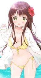 Rule 34 | 1girl, alternate costume, arm behind back, arm up, bikini, blunt bangs, blush, breasts, brown hair, cleavage, collarbone, commentary request, cowboy shot, flower, front-tie top, gochuumon wa usagi desu ka?, green eyes, hair flower, hair ornament, hibiscus, highres, jacket, jacket over swimsuit, large breasts, long hair, looking at viewer, navel, open mouth, side-tie bikini bottom, side-tie bottom, sidelocks, sleeves past wrists, smile, solo, standing, stomach, swimsuit, tsubaki (tatajd), ujimatsu chiya, water, white background, white jacket, yellow bikini