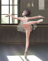 Rule 34 | 1girl, alternate costume, animal ears, arknights, ass, ballerina, ballet, ballet slippers, bare legs, bare shoulders, barre, black hair, breasts, brown eyes, cat ears, cat girl, cat tail, commentary, da (datako), dancing, day, dress, en pointe, english commentary, from behind, full body, highres, indoors, large breasts, leotard, long hair, looking at viewer, looking back, outstretched arms, panties, parted lips, reflective floor, schwarz (arknights), see-through, sideboob, sleeveless, sleeveless dress, solo, sunlight, tail, tiptoes, tutu, underwear, upskirt, white dress, white footwear, white panties, window, wrist cuffs