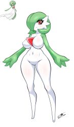 1girl absurdres blush bob_cut breasts colored_skin creatures_(company) eliozdherion game_freak gardevoir gen_3_pokemon green_hair green_skin hair_over_one_eye highres multicolored_skin navel nintendo pink_eyes pokemon pokemon_(creature) reference_inset signature smile two-tone_skin white_skin