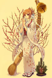 Rule 34 | 1girl, bell, brown hair, cherry blossoms, festival, floral print, furisode, hair ornament, hatsumoude, japanese clothes, jingle bell, kimono, long sleeves, new year, original, own hands together, praying, red eyes, rope, short hair, shrine bell, solo, tabi