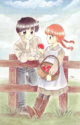 Rule 34 | 1boy, 1girl, 2011, anne of green gables, anne shirley, apples, basket, black hair, boots, brown eyes, child, gilbert blythe, grass, outdoors, red hair, starlightgenie, twintails