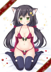 Rule 34 | 1girl, animal ear fluff, animal ears, black hair, black thighhighs, blush, bow, bra, breasts, cat ears, cat girl, cat tail, christmas, cleavage, collarbone, commentary request, elbow gloves, fang, full body, gloves, green bow, green eyes, hair ornament, hair ribbon, highres, karyl (princess connect!), korie riko, large breasts, lingerie, long hair, looking at viewer, medium breasts, multicolored hair, navel, open mouth, panties, princess connect!, red bra, red panties, red ribbon, ribbon, sitting, solo, star (symbol), star hair ornament, streaked hair, tail, thighhighs, twintails, underwear, wariza