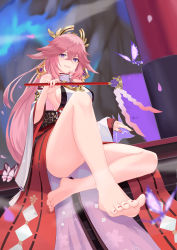 Rule 34 | 1girl, absurdres, animal ears, bad id, bad pixiv id, bare legs, bare shoulders, barefoot, breasts, bug, butterfly, detached sleeves, earrings, genshin impact, hair ornament, highres, insect, japanese clothes, jewelry, jiang ye kiri, large breasts, long hair, nail polish, pink hair, purple eyes, red nails, shrine, sideboob, sitting, smile, solo, toenail polish, toenails, yae miko