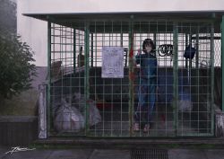 Rule 34 | 1girl, black hair, blood, blood on clothes, blood on face, bloody weapon, blue pants, blue track suit, closed mouth, crazy, female focus, fog, fracoco, highres, holding, holding weapon, in cage, industrial pipe, jacket, looking at viewer, original, outdoors, pants, shoes, solo, standing, track jacket, track suit, trash bag, weapon, wide-eyed