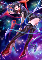 Rule 34 | 1girl, :d, absurdres, ass, asymmetrical wings, black dress, black hair, black thighhighs, blue wings, bow, bowtie, dress, from below, full body, high heels, highres, holding, holding weapon, houjuu nue, looking at viewer, open mouth, perspective, pink eyes, pointy ears, polearm, red bow, red footwear, shoes, short dress, short sleeves, sky, smile, snake, solo, star (sky), starry sky, swept bangs, teeth, thighhighs, thighs, touhou, trident, weapon, wings, wristband, yamazaki tsukune