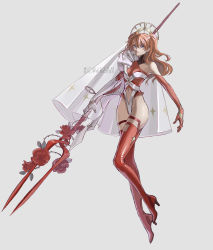 Rule 34 | 1girl, adapted costume, artist request, bare shoulders, blue eyes, boots, breasts, bridal veil, bride, brown hair, cameltoe, clothing cutout, curvy, earrings, expressionless, flower, full body, gloves, hair between eyes, highleg, highleg leotard, highres, holding, holding weapon, jewelry, large breasts, leotard, lips, lipstick, long hair, looking at viewer, makeup, navel cutout, neon genesis evangelion, polearm, rose, shiny clothes, shiny skin, simple background, skin tight, solo, souryuu asuka langley, thighs, thong leotard, turtleneck, twintails, two side up, upper body, veil, weapon, white leotard