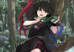 Rule 34 | 1girl, asymmetrical wings, bad id, bad twitter id, black dress, black hair, constriction, dress, houjuu nue, ichiba youichi, open mouth, red eyes, rock, snake, solo, touhou, tree, wings, wristband