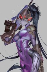 Rule 34 | 1girl, absurdres, arm behind back, armor, black hair, bodysuit, breasts, chamuring, cleavage, cleavage cutout, clothing cutout, cowboy shot, grey background, grey skirt, gun, helmet, highres, holding, holding gun, holding weapon, long hair, looking at viewer, medium breasts, over shoulder, overwatch, ponytail, purple bodysuit, rifle, shoulder armor, skirt, sniper rifle, solo, thigh gap, underboob, weapon, weapon over shoulder, widowmaker (overwatch), yellow eyes