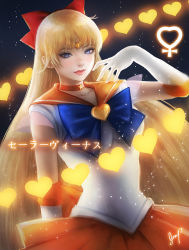 Rule 34 | 1girl, aino minako, arm at side, arm up, bishoujo senshi sailor moon, black background, blonde hair, blue bow, blue bowtie, blue eyes, blush, bow, bowtie, breasts, brooch, choker, closed mouth, collarbone, commentary, earrings, elbow gloves, eyelashes, female focus, forehead jewel, gloves, hair bow, heart, heart brooch, jewelry, light particles, lips, lipstick, long hair, looking at viewer, magical girl, makeup, medium breasts, neck, necklace, orange bow, orange bowtie, orange choker, orange sailor collar, orange skirt, red bow, red lips, resolution mismatch, sailor collar, sailor venus, school uniform, see-through, serafuku, shirt, signature, skirt, smile, solo, source larger, sparkle, star (symbol), star necklace, stud earrings, super sailor venus, tiara, translation request, venus symbol, very long hair, white gloves, white shirt, xhilia jp