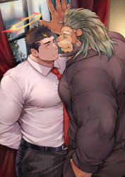 Rule 34 | 2boys, animal ears, arsalan (housamo), bara, beard, black hair, blush, commentary request, facial hair, formal, furry, furry male, furry with non-furry, green hair, halo, highres, interspecies, large pectorals, lion boy, lion ears, lion tail, male focus, mature male, multicolored hair, multiple boys, muscular, muscular male, necktie, official alternate costume, pants, pectorals, red necktie, short hair, sideburns, streaked hair, striped clothes, striped pants, stubble, tail, tokyo houkago summoners, two-tone hair, wafu (youzora samo18), zabaniyya (housamo)