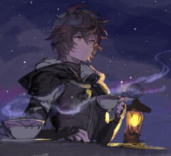 Rule 34 | 1boy, ahoge, armor, bishounen, breastplate, brown hair, coffee, commentary, commentary request, cowboy shot, cup, disposable cup, expressionless, fingerless gloves, gloves, granblue fantasy, hair between eyes, highres, hood, hood down, lantern, looking to the side, male focus, messy hair, osamu (jagabata), outdoors, red eyes, sandalphon (granblue fantasy), short hair, sketch, sky, snowing, solo focus, star (sky), starry sky, steam, turtleneck, twitter username, unfinished