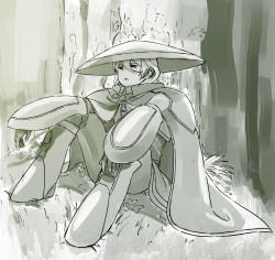 Rule 34 | 1girl, armor, boots, cape, elbow on knee, green theme, hair between eyes, hat, jacket, looking afar, made in abyss, mi (pic52pic), monochrome, outdoors, ozen, pants, parted lips, short hair, sitting, solo, vambraces, whistle
