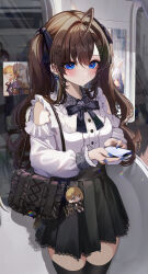 Rule 34 | 1girl, absurdres, ahoge, alternate costume, black skirt, black thighhighs, blush, brown hair, center frills, character doll, character request, closed mouth, clothing cutout, dot mouth, fingernails, frilled bag, frills, highres, holding, holding phone, ichinose shiki, idolmaster, idolmaster cinderella girls, jirai kei, kudou (sikisiki0000), looking at viewer, miyamoto frederica, nail polish, phone, shirt, shoulder cutout, skirt, solo, thighhighs, train interior, twintails, white shirt