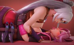 Rule 34 | 2girls, 3d, absurdres, animal ears, breast press, cat ears, drooling, eye contact, from side, hand on another&#039;s waist, highres, jineisho, lian (paladins), looking at another, maeve (paladins), multiple girls, official alternate costume, paladins, pink hair, saliva, saliva swap, saliva trail, simple background, white hair, yuri