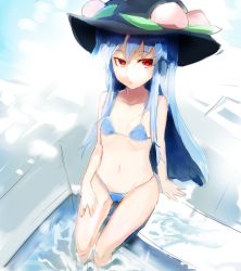 Rule 34 | bare arms, bare legs, bare shoulders, bikini, black hat, blue bikini, blue hair, breasts, cameltoe, cleft of venus, commentary request, dutch angle, food, from above, fruit, hat, highres, hinanawi tenshi, jitome, long hair, looking at viewer, micro bikini, navel, peach, pool, pursed lips, red eyes, sidelocks, sinzan, sitting, small breasts, stomach, straight hair, string bikini, swimsuit, thigh gap, touhou, very long hair, water