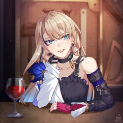 1girl arm_strap artist_logo asymmetrical_clothes asymmetrical_sleeves bare_shoulders black_choker black_nails blonde_hair blue_eyes blue_hair chain choker collarbone cup drinking_glass earrings fingerless_gloves gloves gradient_hair head_on_arm highres honkai:_star_rail honkai_(series) hoop_earrings jewelry light_smile logo long_hair mismatched_sleeves multicolored_hair rin_arizu serval_landau streaked_hair wine_glass