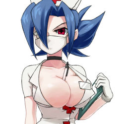 Rule 34 | 1girl, between breasts, blue hair, breasts, bursting breasts, choker, cleavage, clipboard, eyepatch, gloves, hat, holding, large breasts, looking at viewer, name tag, nurse, nurse cap, pen, red eyes, shimomoto, simple background, skullgirls, solo, tight clothes, valentine (skullgirls), white background, white gloves