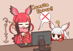 Rule 34 | 2girls, ?, aticotta, black hair, blunt bangs, blush, closed eyes, english text, gloves, gradient hair, head wings, japanese crested ibis (kemono friends), kemono friends, keyboard (computer), long sleeves, looking at another, medium hair, monitor, multicolored hair, multiple girls, open mouth, red gloves, red hair, scarlet ibis (kemono friends), sidelocks, smile, white hair, wings