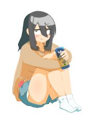 Rule 34 | 1girl, absurdres, black hair, blush, breasts, can, cocoa fuumi, eyes visible through hair, full body, hair between eyes, highres, jitome, long hair, looking at viewer, office lady, original, rinko-san (cocoa fuumi), shorts, simple background, smile, socks, solo, sweater, white background