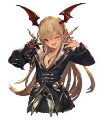 Rule 34 | 1girl, ;d, alternate costume, bad id, bad twitter id, belt, belt buckle, black coat, blonde hair, breasts, buckle, coat, cosplay, cropped torso, earclip, eyelashes, fang, gauntlets, granblue fantasy, head tilt, head wings, high collar, jewelry, long hair, long sleeves, looking at viewer, n.a., necklace, one eye closed, open mouth, pointy ears, red eyes, red wings, shadowverse, shingeki no bahamut, simple background, single gauntlet, small breasts, smile, urias (shadowverse), urias (shadowverse) (cosplay), urias cosplay (shadowverse), vampy, white background, wings