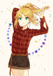 Rule 34 | 1girl, absurdres, alternate costume, blonde hair, denim, denim shorts, earrings, fate (series), flannel, flower, green eyes, hair ribbon, hand up, highres, jewelry, mordred (fate), open mouth, ponytail, red shirt, ribbon, rizu033, shirt, shorts, simple background, solo, white background