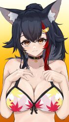 Rule 34 | 1girl, absurdres, animal ear fluff, animal ears, bikini, black choker, black hair, breasts, brown eyes, choker, cleavage, closed mouth, collarbone, cross, gradient background, greek cross, grey bikini, hair ornament, hands on own chest, hands up, highres, hololive, large breasts, light blush, light smile, long hair, looking at viewer, multicolored hair, official alternate costume, ookami mio, ookami mio (hololive summer 2019), orange background, red hair, solo, streaked hair, swimsuit, upper body, virtual youtuber, wolf ears, wolf girl, yaki tai, yellow background