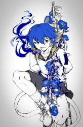 Rule 34 | 1other, androgynous, blonde hair, blood, blue blood, blue flower, blue hair, boots, bound, bound wrists, cigarette, colored blood, commentary request, cookie (touhou), crying, crying with eyes open, earrings, flower, foot out of frame, gradient hair, green eyes, hair between eyes, highres, hotaru kago, impaled, jewelry, limited palette, looking at viewer, medium hair, multicolored hair, school uniform, serafuku, sharp teeth, shiriri (cookie), shorts, simple background, smoking, socks, solo, tears, teeth