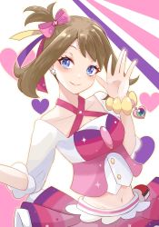 Rule 34 | 1girl, blue eyes, blush, bracelet, brown hair, buttons, closed mouth, collarbone, commentary request, creatures (company), eyelashes, game freak, hair ribbon, highres, idol, jewelry, may (pokemon), navel, nintendo, pink ribbon, poke ball, poke ball (basic), pokemon, pokemon oras, purple skirt, ribbon, shirt, skirt, sleeves past elbows, smile, solo, ssn (sasa8u9r), white shirt