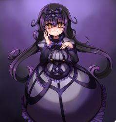 Rule 34 | 1girl, black hair, black ribbon, blush, borokuro, bow, bowtie, breasts, bright pupils, chandelure, closed mouth, corset, creatures (company), dress, empty eyes, eyelashes, eyes visible through hair, facing viewer, fingernails, frilled dress, frilled sleeves, frills, game freak, gen 5 pokemon, gothic lolita, hair between eyes, hair flaps, hairband, hand on own cheek, hand on own face, highres, lolita fashion, long hair, long sleeves, looking at viewer, medium breasts, nintendo, orange eyes, personification, pokemon, pokemon bw, puffy long sleeves, puffy sleeves, purple background, purple bow, purple dress, purple hairband, purple theme, ribbon, sidelocks, smile, solo, standing, tareme, taut clothes, taut dress, very long hair